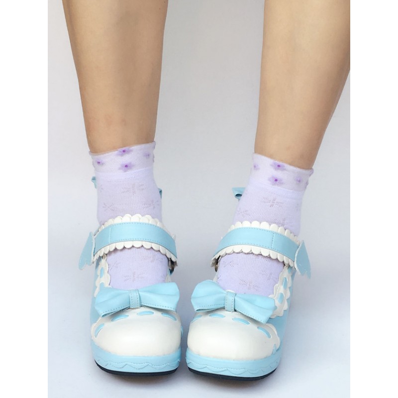 Sweet Lolita Shoes Light Sky Blue Bow Wedge Ankle Strap Round Toe Lolita Pumps