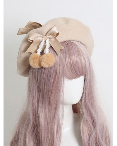 Light Apricot Lolita Hat Bows Pom Poms Accessory Bow Polyester Lolita Accessories Daily Casual