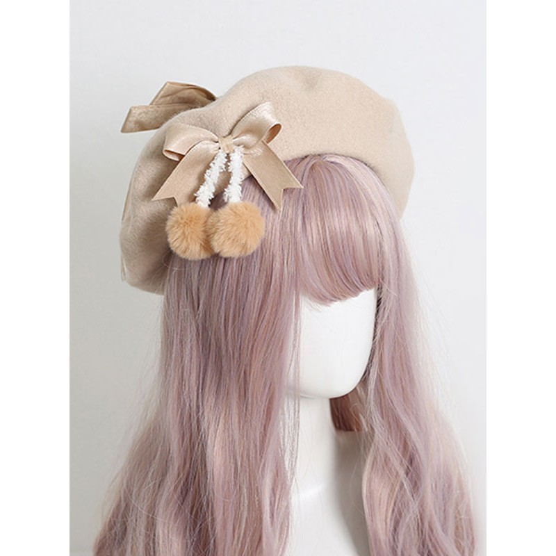 Light Apricot Lolita Hat Bows Pom Poms Accessory Bow Polyester Lolita Accessories Daily Casual