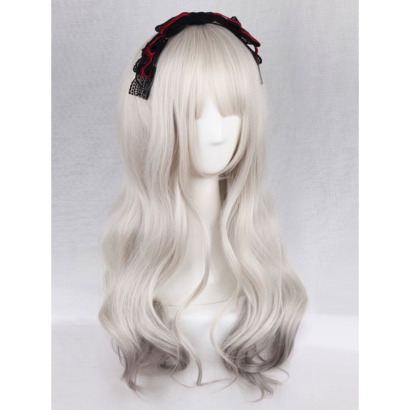 Cute Lolita Wigs Sweet Light Gray Long Curly Synthetic Lolita Hair Wigs With Bangs Lovely