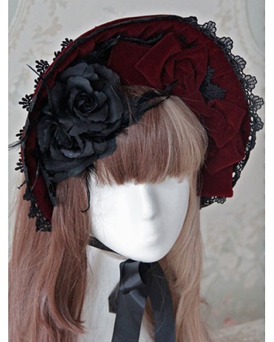 Lolita Cap Red Velvet Lace Bow Flower Lolita Hat Sweet