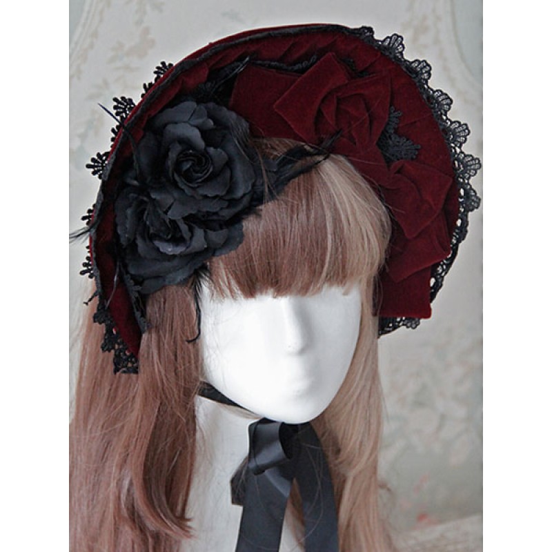 Lolita Cap Red Velvet Lace Bow Flower Lolita Hat Sweet