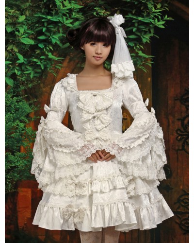 Pure White Lolita One-piece Dress Long Hime Sleeves Lace Trim Bows Sweet Lolita Dress Spring Wedding Daily Casual Tea Party