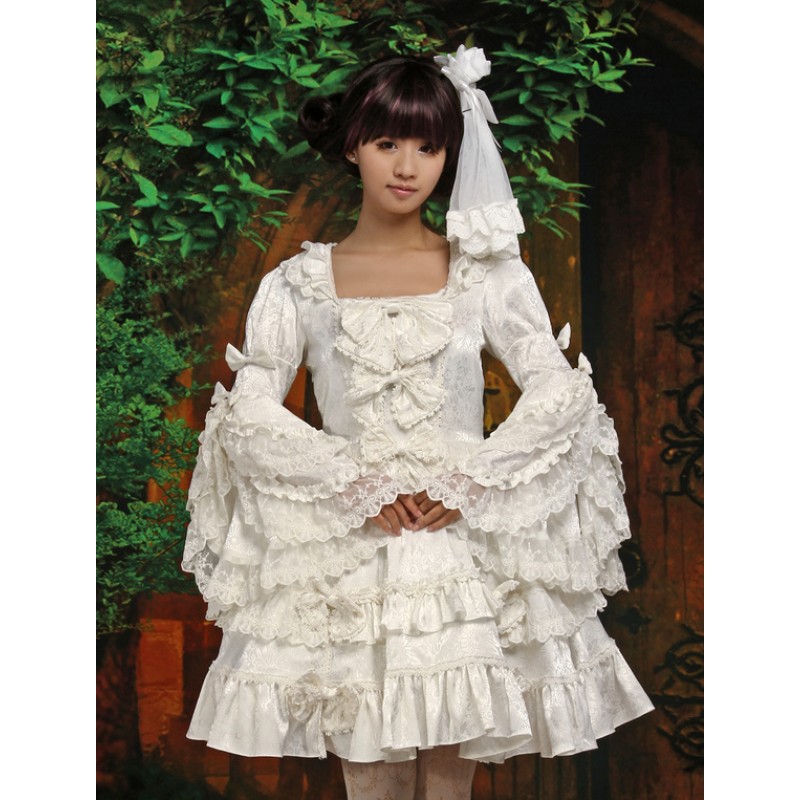 Pure White Lolita One-piece Dress Long Hime Sleeves Lace Trim Bows Sweet Lolita Dress Spring Wedding Daily Casual Tea Party