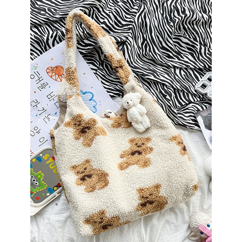 Sweet Lolita Bag White Short Plush Teddy Bear Patter Faux Suede Lolita Accessories Daily Casual