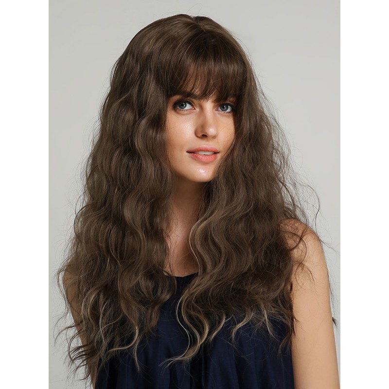 Women Long Wig For Woman Coffee Brown Crimped Curls Heat-resistant Fiber Feminine Tousled Long Synthetic Wigs Daily Casual Holiday Cosplay