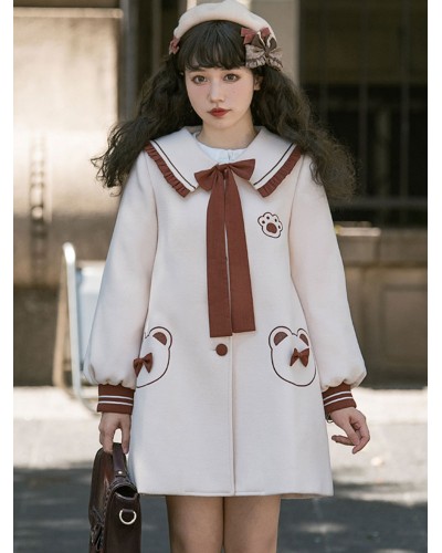 Ecru White Lolita Coats Ruffles Bows Polyester Bow Color Block Lolita Outwears Fall Winter