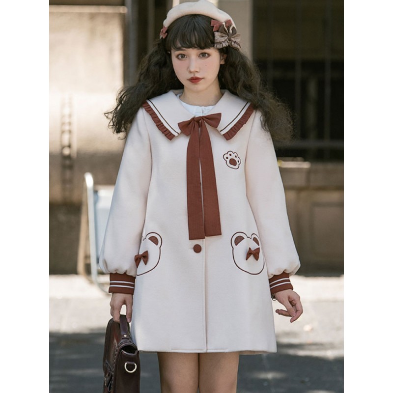 Ecru White Lolita Coats Ruffles Bows Polyester Bow Color Block Lolita Outwears Fall Winter