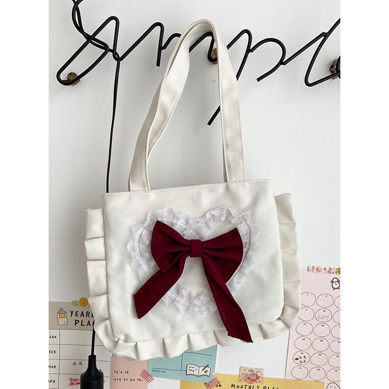 Sweet Lolita Bag White Canvas Polyester Bow Lolita Accessories Lolita Shoulder Bag