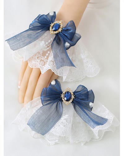 Deep Blue Lolita Bracelet Polyester Accessory Bow Jeweled Lace Bows Lolita Accessories