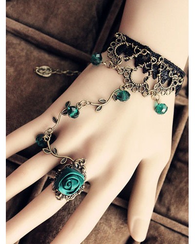 Vintage Lace Lolita Bracelet With Green Rose Ring Accessories Retro