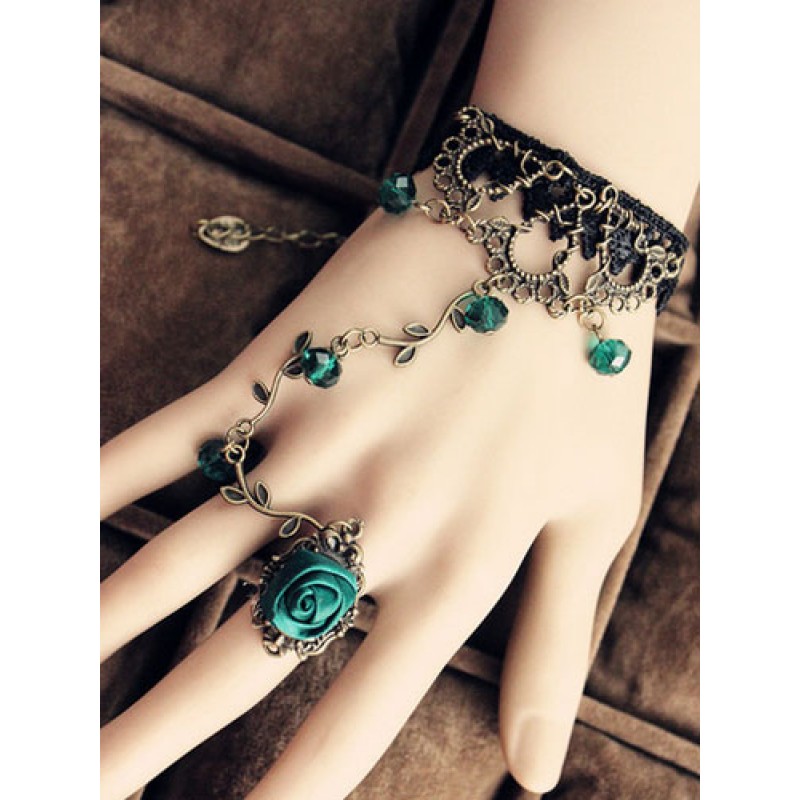 Vintage Lace Lolita Bracelet With Green Rose Ring Accessories Retro