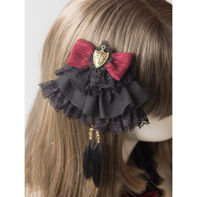 Gothic Lolita Hairpin Lace Ruffle Bow Lolita Hair Accessory