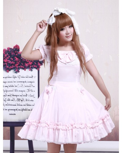 Cotton Pink Lace Short Sleeves Cosplay Lolita Dress Sweet Summer Tea Party