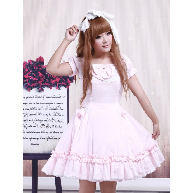 Cotton Pink Lace Short Sleeves Cosplay Lolita Dress Sweet Summer Tea Party