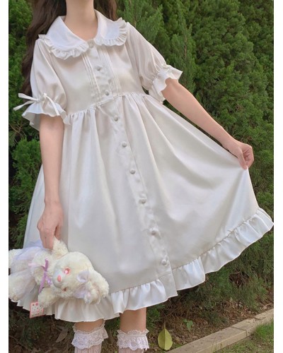 Lolita OP Dress Ruffles White Short Sleeves Lolita One Piece Dresses Sweet Summer Daily Casual