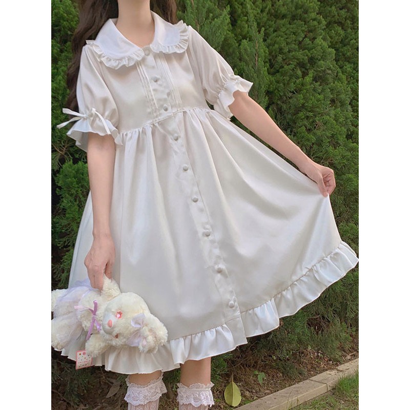 Lolita OP Dress Ruffles White Short Sleeves Lolita One Piece Dresses Sweet Summer Daily Casual