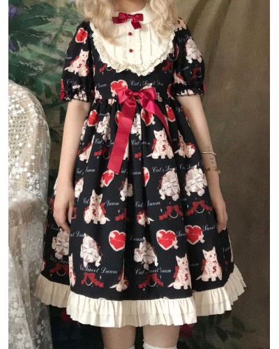 Lolita OP Dress Black Polyester Cat Pattern Ruffles Lolita One Piece Dresses Sweet Spring Summer Daily Casual