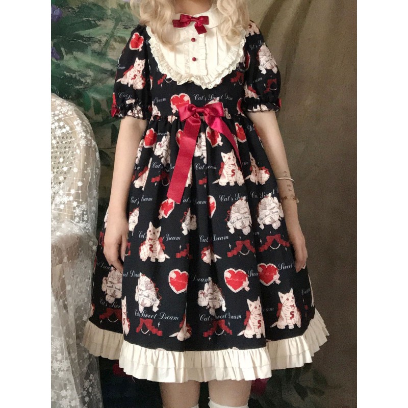 Lolita OP Dress Black Polyester Cat Pattern Ruffles Lolita One Piece Dresses Sweet Spring Summer Daily Casual