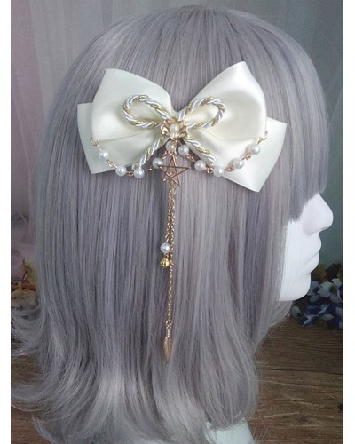 Sweet Lolita Hair Clip Bow Pearl Beel Chain Satin Lolita Hair Accessory