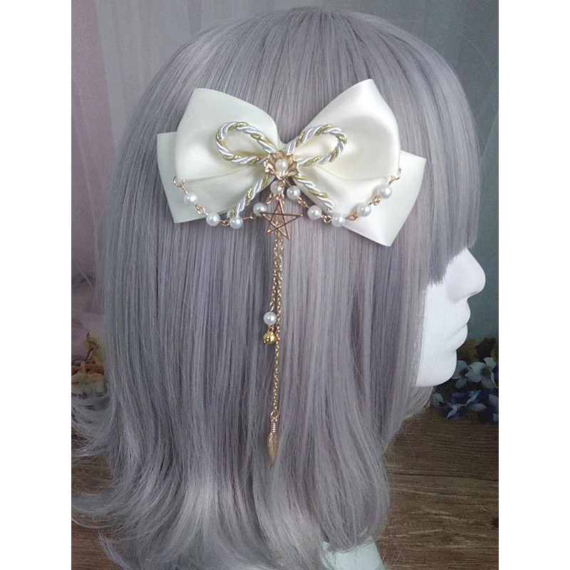 Sweet Lolita Hair Clip Bow Pearl Beel Chain Satin Lolita Hair Accessory