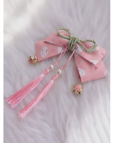 Wa Lolita Headdress Pink Linen Cotton Blend Fringe Bows Flowers Sakura Pattern Animal Print Headwear Lolita Headband Hair Clips Kimono Daily Casual