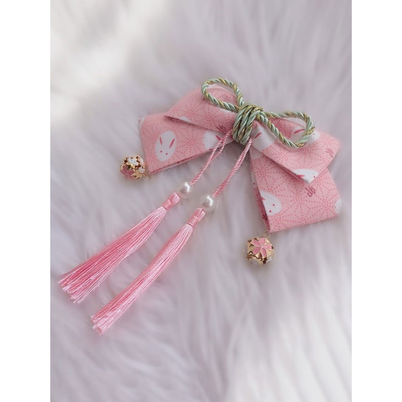 Wa Lolita Headdress Pink Linen Cotton Blend Fringe Bows Flowers Sakura Pattern Animal Print Headwear Lolita Headband Hair Clips Kimono Daily Casual