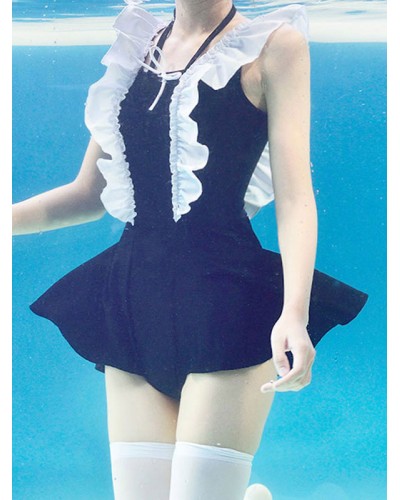 Sweet Lolita Outfits Black Lace Up Ruffles Sleeveless Lolita Swimming Suit Sets