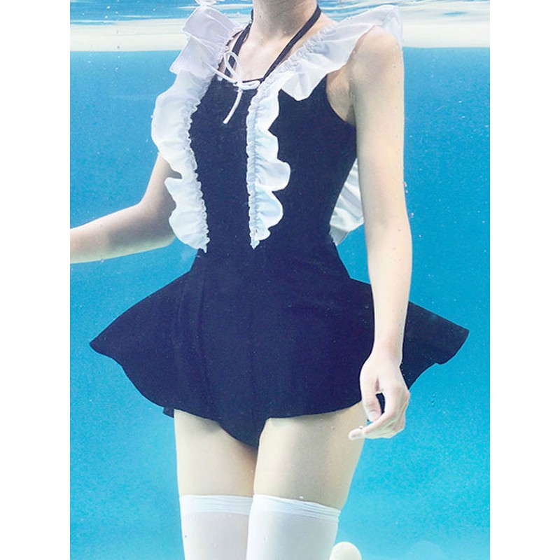 Sweet Lolita Outfits Black Lace Up Ruffles Sleeveless Lolita Swimming Suit Sets