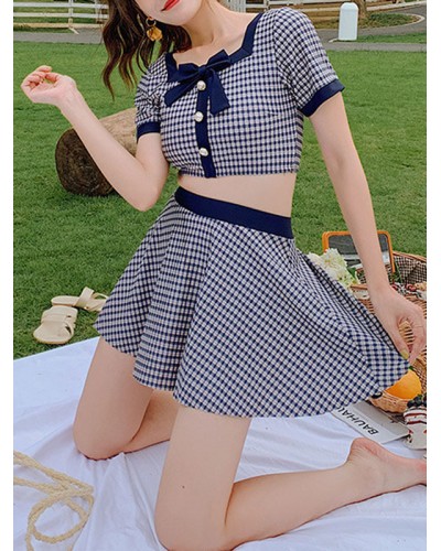 Sweet Lolita Swimming Outfits Dark Navy Bows Plaid Short Sleeves Pants Top 2-Piece Set