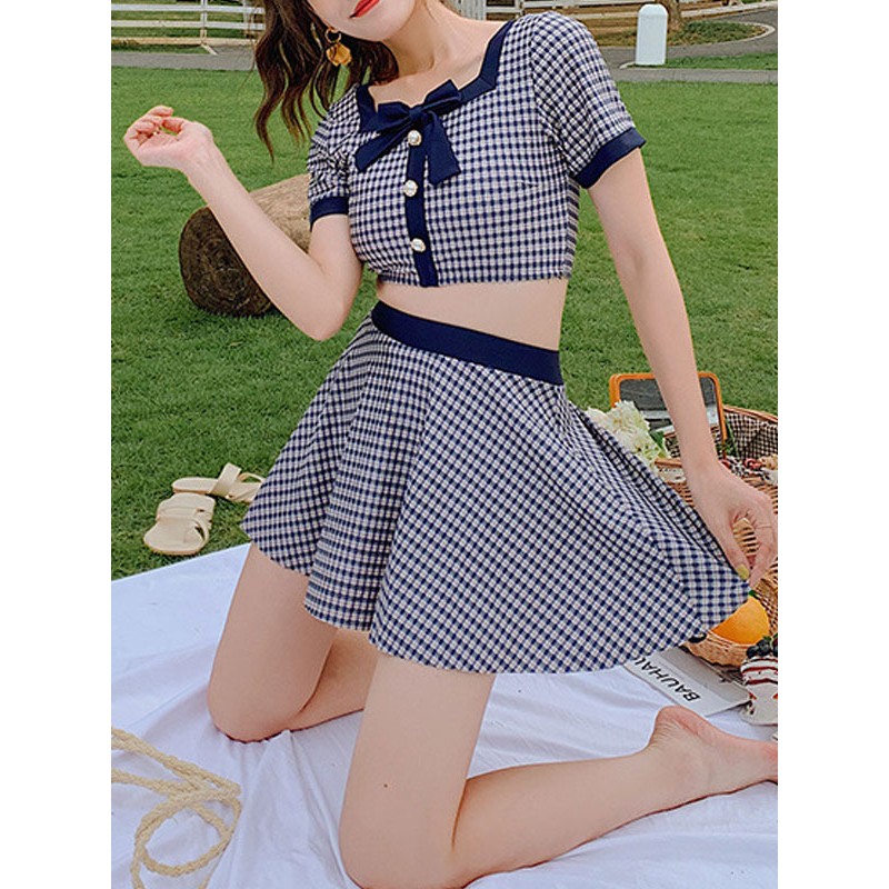 Sweet Lolita Swimming Outfits Dark Navy Bows Plaid Short Sleeves Pants Top 2-Piece Set