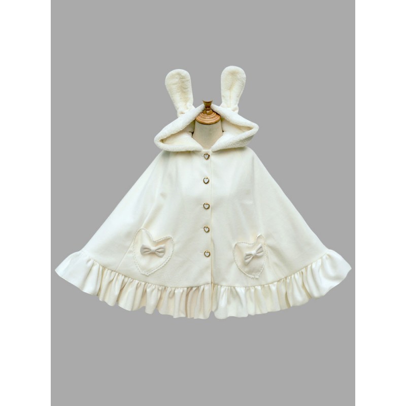 Sweet Lolita Poncho Hooded Faux Fur Bunny Print Ruffles Bows White Lolita Cape Coat Tops Fall Winter Tea Party