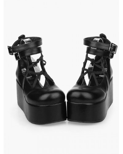 Black Lolita High Platform Shoes Ankle Straps Leather Daily Casual