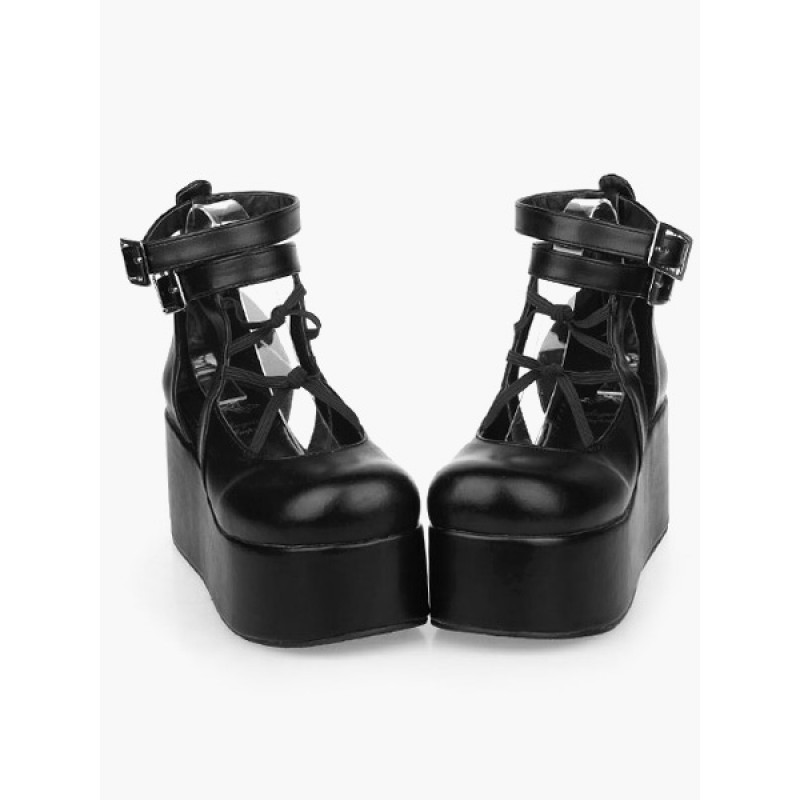 Black Lolita High Platform Shoes Ankle Straps Leather Daily Casual