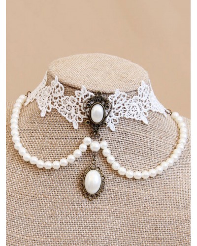 Classic Lolita Jewelry Pearl Bead Metal Detail Lace Vintage White Lolita Choker Accessories Classic  Traditional Party Bridal Shower