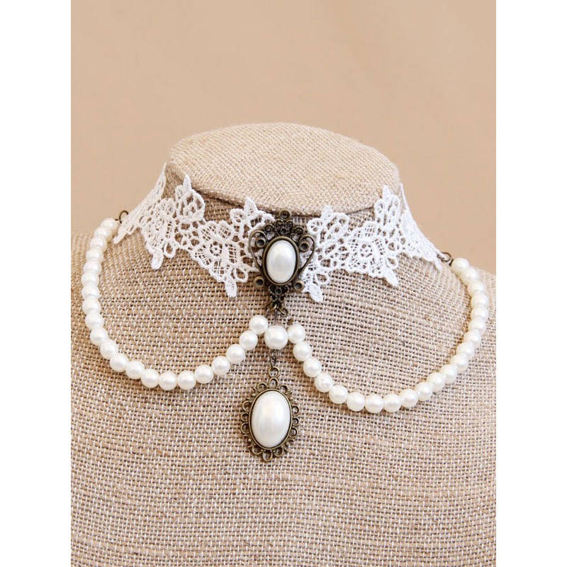 Classic Lolita Jewelry Pearl Bead Metal Detail Lace Vintage White Lolita Choker Accessories Classic  Traditional Party Bridal Shower