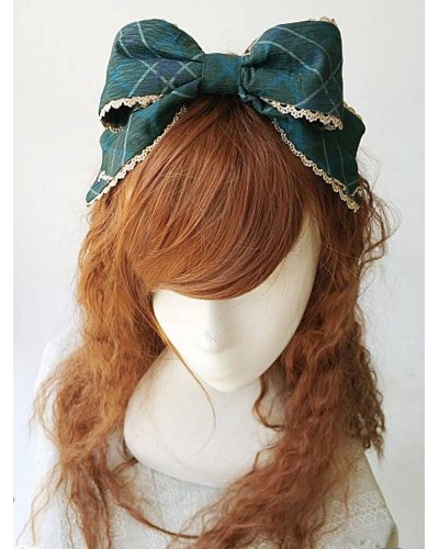 Classic Lolita Headband Infanta Pleated Plaid Jacquard Bows Atrovirens Lolita Headpieces