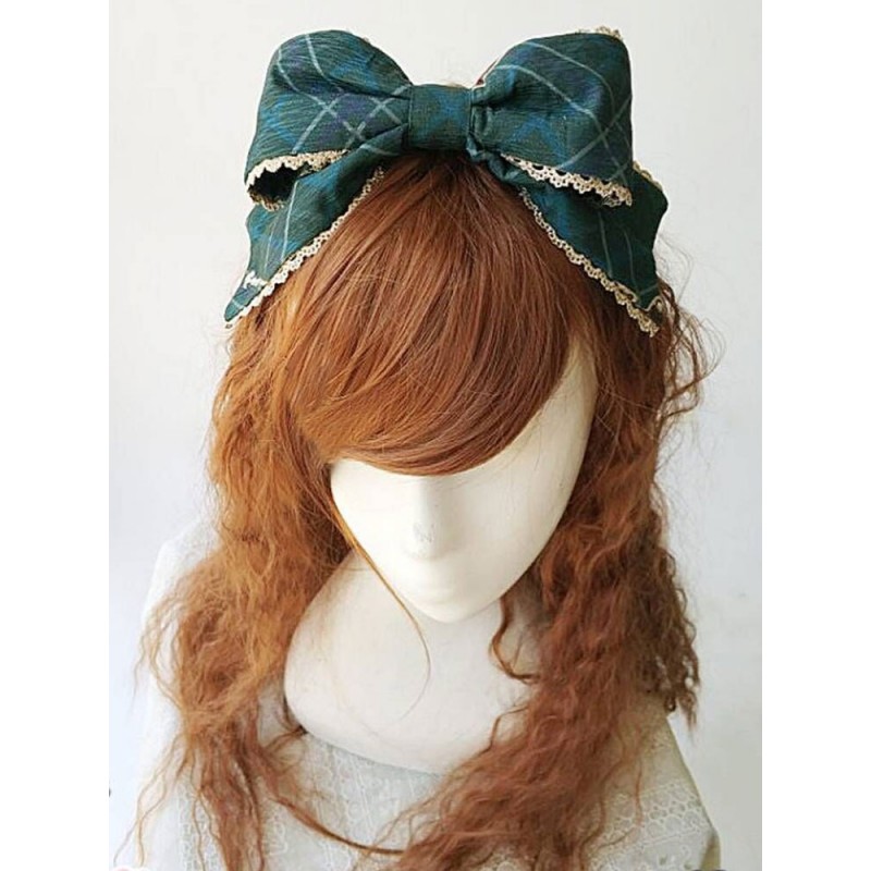 Classic Lolita Headband Infanta Pleated Plaid Jacquard Bows Atrovirens Lolita Headpieces