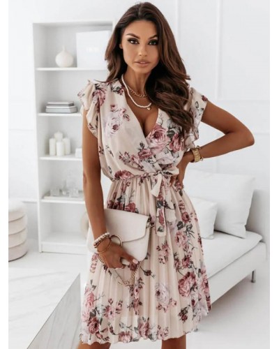 Women Dress V-Neck Short Sleeves Floral Printed Pink Knee Length Beach Dress Elegant Summer