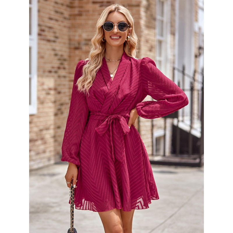 Skater Dresses V-Neck Long Sleeves Lace Up Chic Mini Dress Bodycon Street Wear Daily Casual Dating