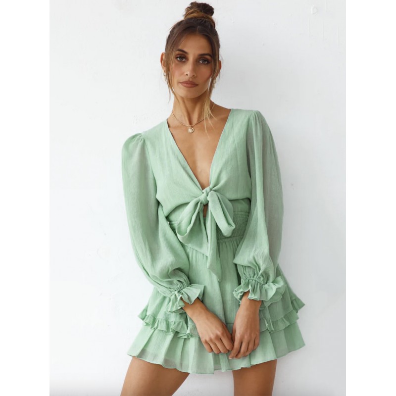 Mini Dresses Green V Neck Lace Up Long Sleeves Bows Chiffon Short Dress Summer Spring