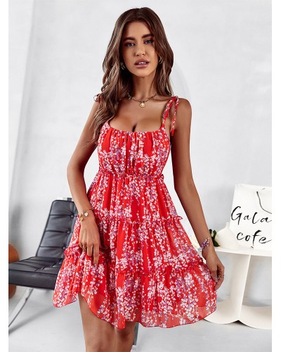 Women Dress Straps Neck Printed Red Short Beach Dress Tropical Summer