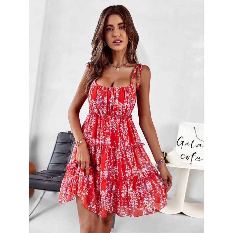 Women Dress Straps Neck Printed Red Short Beach Dress Tropical Summer