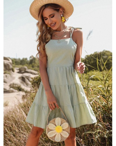 Skater Dresses Straps Neck Light Green Classic Sleeveless Flared Dress Classic  Traditional