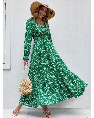 Floral Flared Dress V-Neck Long Sleeves Casual Fall Long Dresses Maxi Street Wear Daily Casual Resort Wear