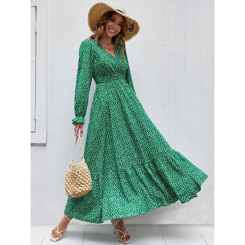 Floral Flared Dress V-Neck Long Sleeves Casual Fall Long Dresses Maxi Street Wear Daily Casual Resort Wear