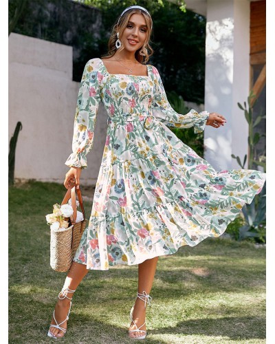 Women Floral Dress Midi Dress Dresses Floral Print Pleated Square Neck Long Sleeves Backless No Open Seam Medium Sweet Spring Fall