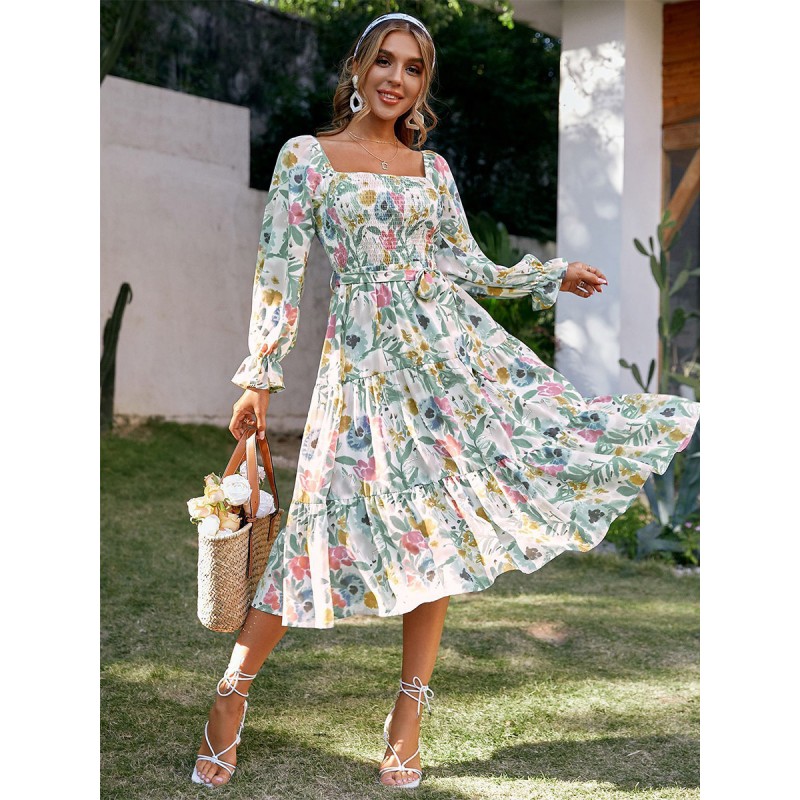 Women Floral Dress Midi Dress Dresses Floral Print Pleated Square Neck Long Sleeves Backless No Open Seam Medium Sweet Spring Fall