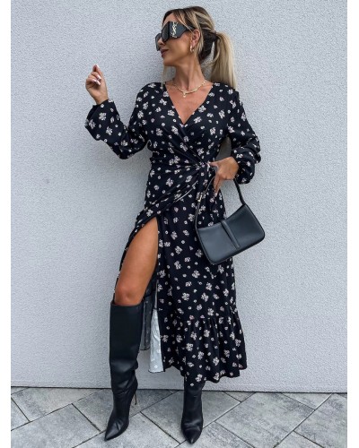 Women Floral Dress Midi Dress Dresses Printed High-slit Split Front V-Neck Long Sleeves Lace-up Side Slit Fall Medium Chic  Modern Casual Daily Casual Dating