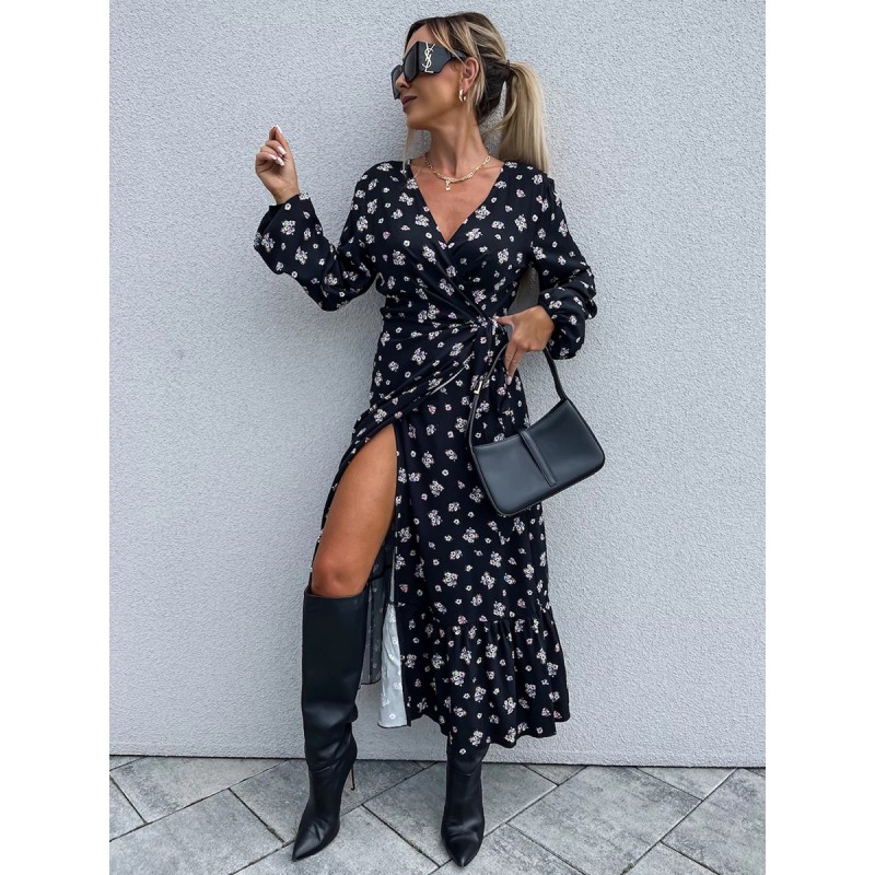 Women Floral Dress Midi Dress Dresses Printed High-slit Split Front V-Neck Long Sleeves Lace-up Side Slit Fall Medium Chic  Modern Casual Daily Casual Dating